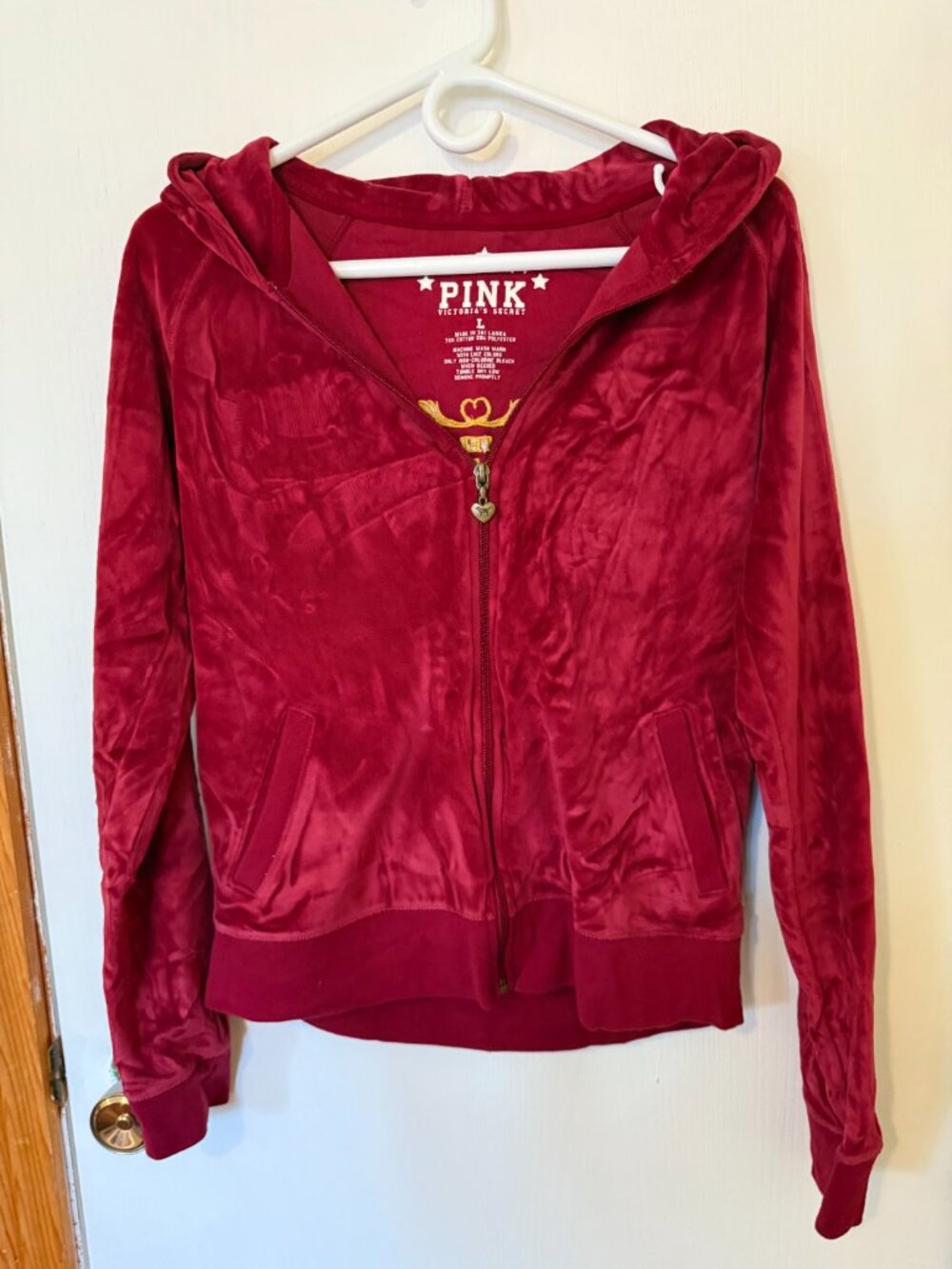 Y2K PINK Victoria’s Secret Velour Zip Hoodie Red Gold Graphic Back Size L - Picture 3 of 5